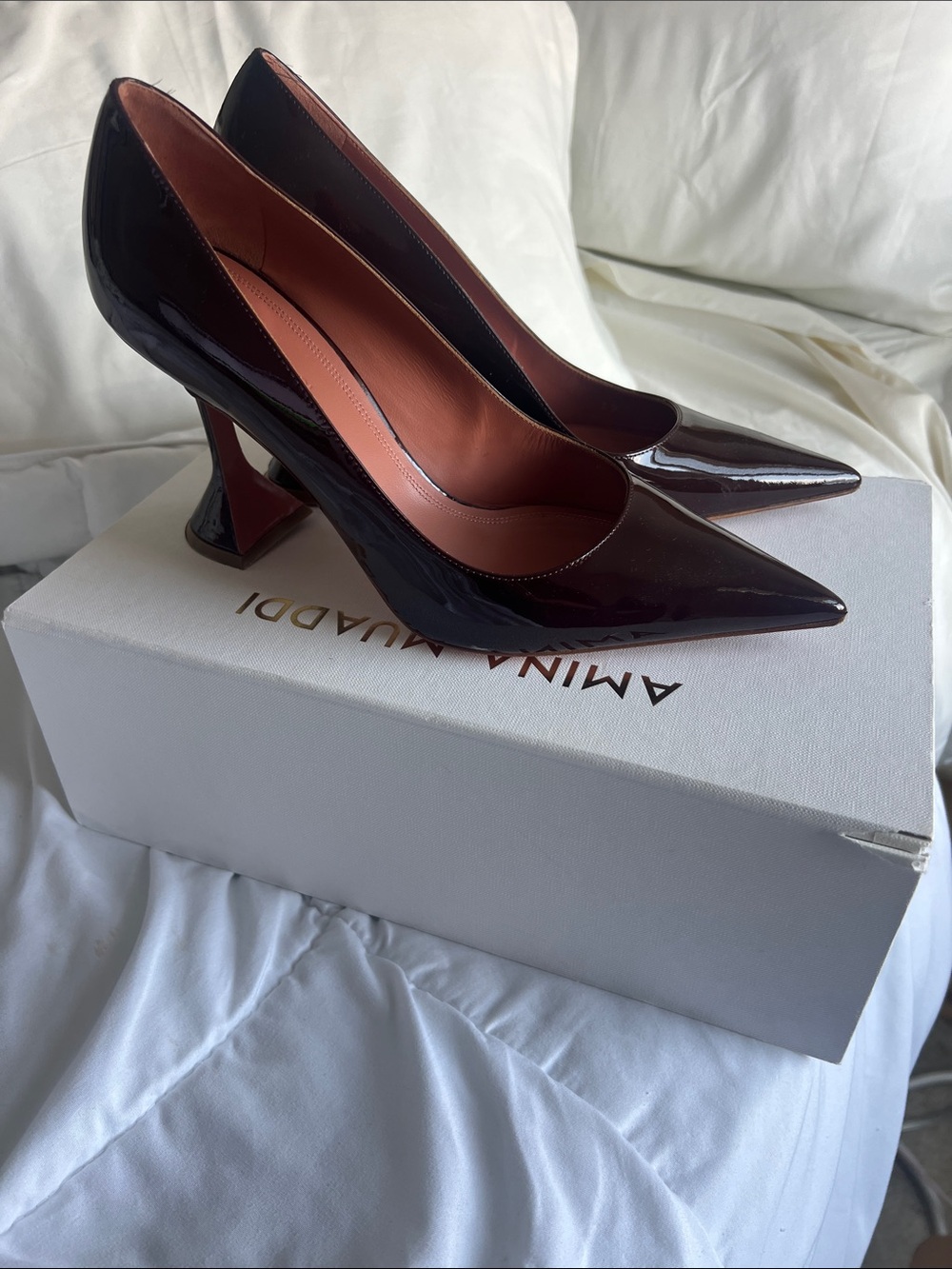 Amina Muaddi Patent Pointed-Toe Pumps in Deep Burgundy - Picture 4 of 6